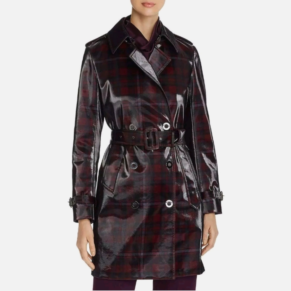 Elie Tahari Womens Natania Leather Trench Coat Coated Flannel Lined Sz,M